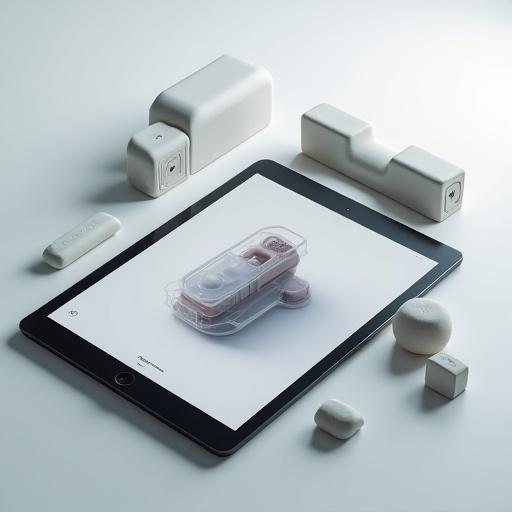 3Dモデルが表示されたタブレットと、隣に置かれた粘土のプロトタイプ